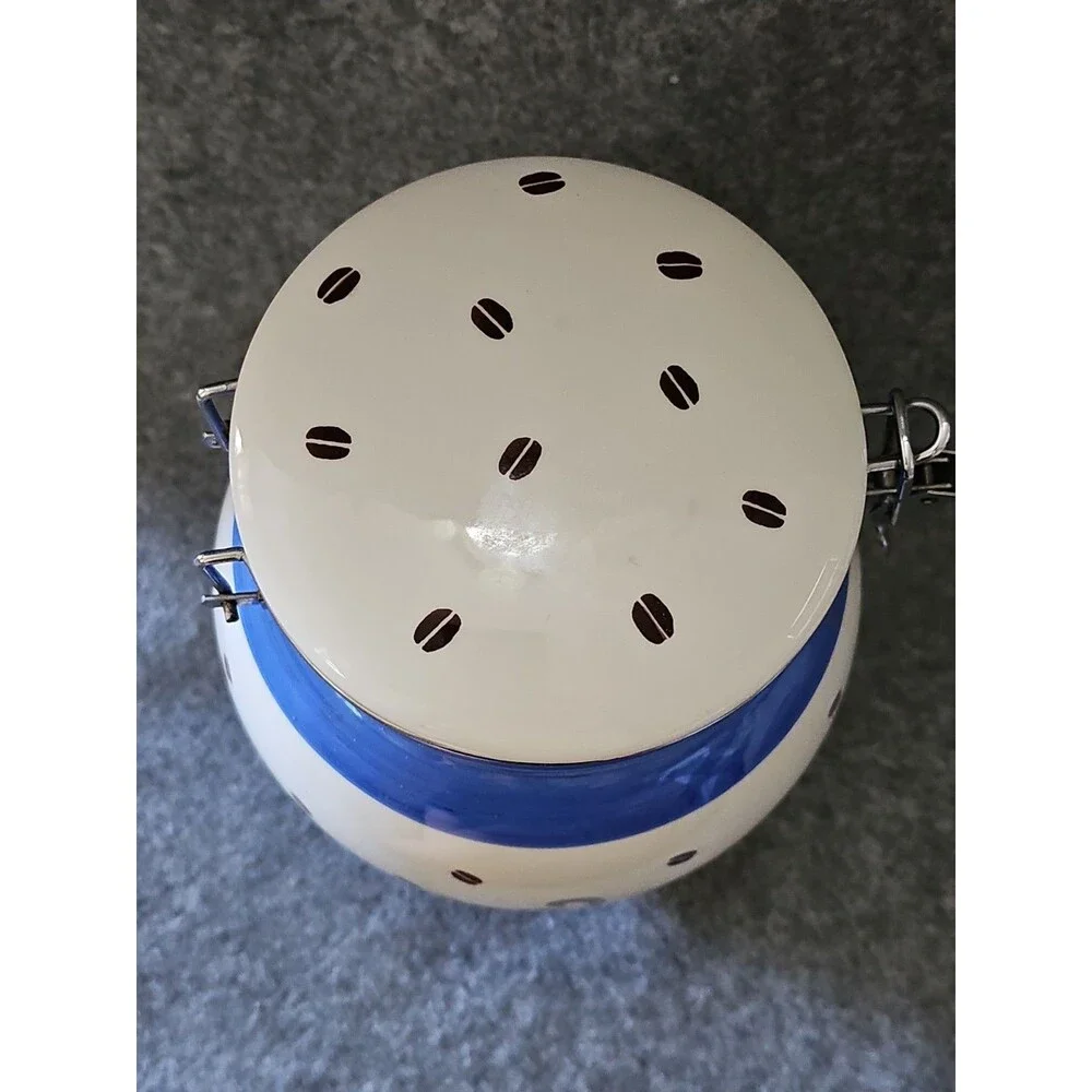 Inspirado Ceramic Cookie  / Biscotti Jar Blue White Coffee Cup Beans Hinged Lid